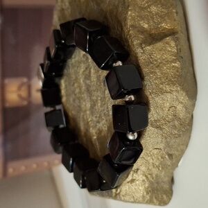 Black square stone beaded stretchy bracelet